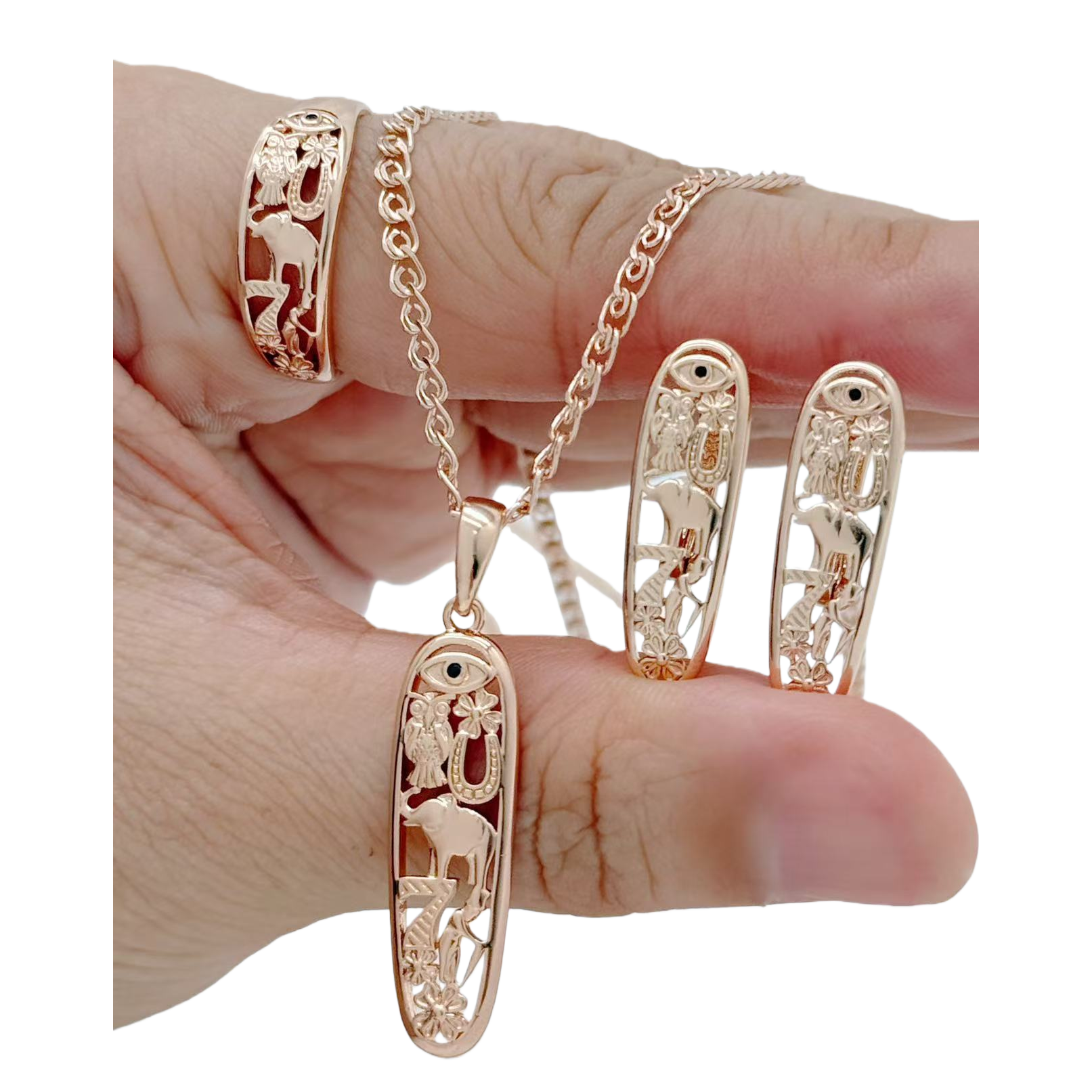 Golden hollowed-out pendant necklace stud ring set Item Picture