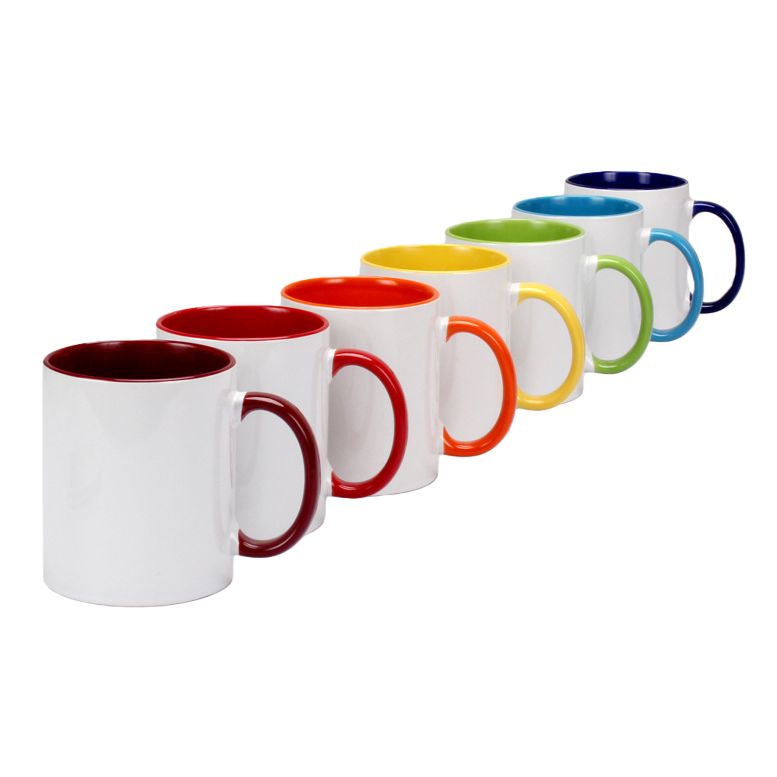 This is a coated double-color cup with printed patterns, an export-grade ceramic cup of European and American quality, a sublimation cup Item Picture