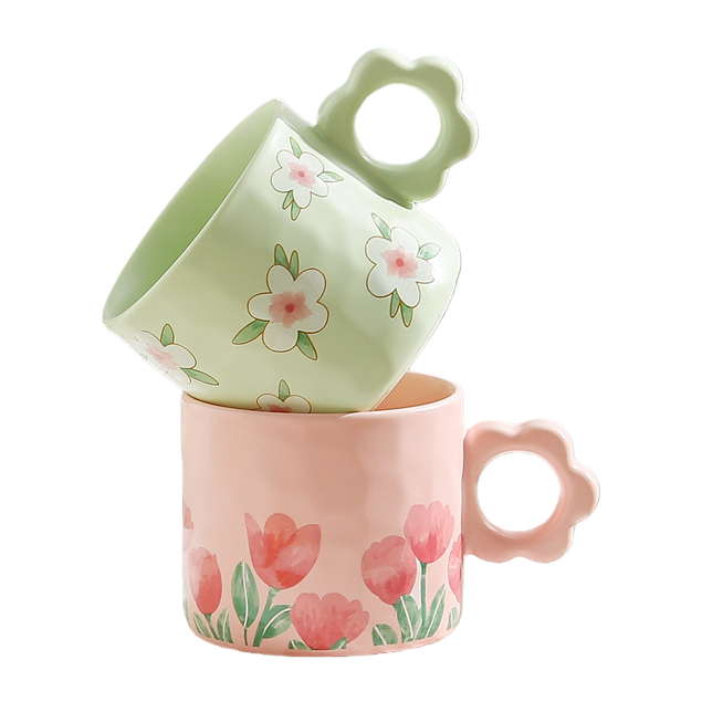 Cute flower-shaped ceramic water cups, ins style creative, high appearance level mugs, couple coffee cups, office breakfast cups Item Picture