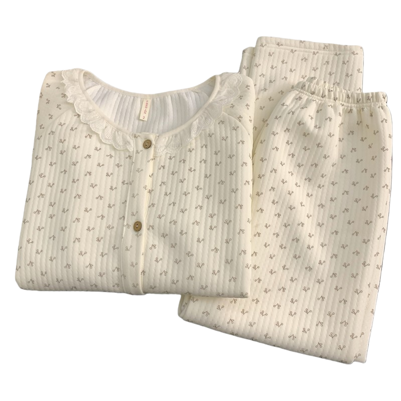 Sweet lace-trimmed layered pajamas for women's autumn and winter long-sleeved warm thickened air cotton floral home wear