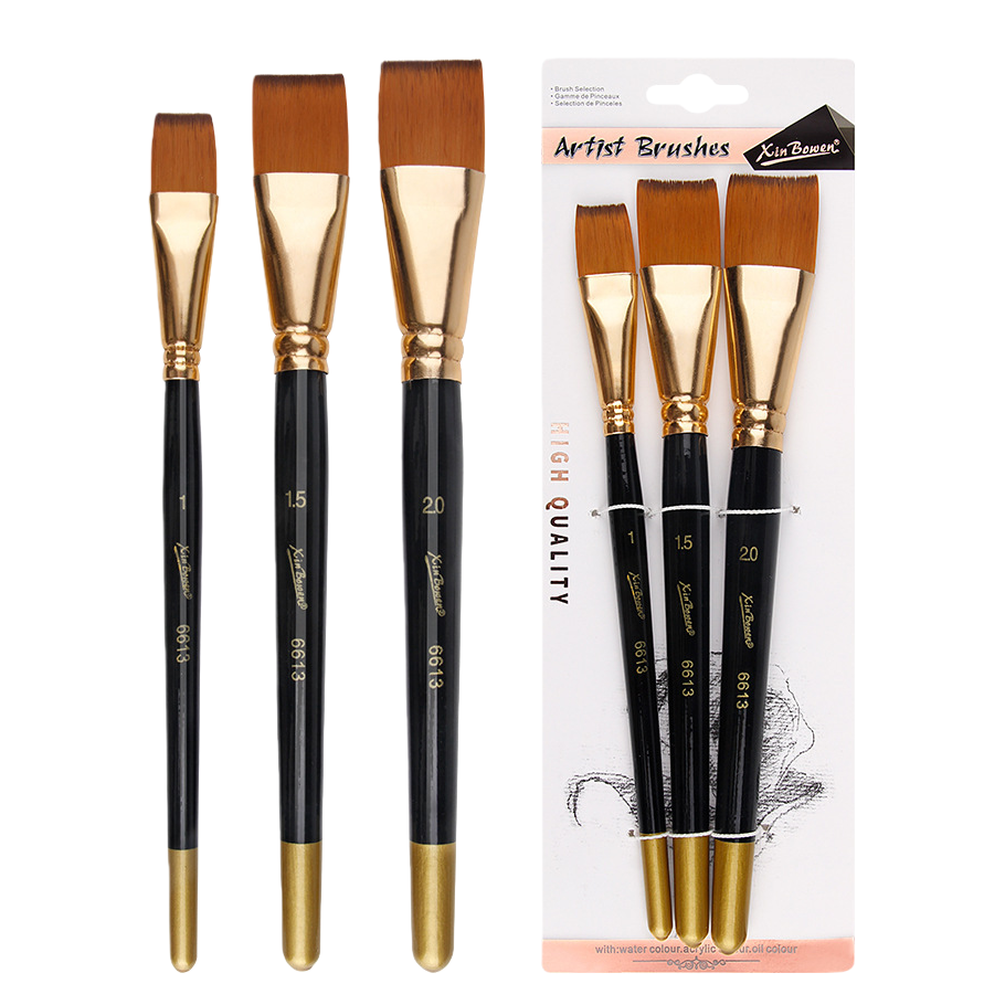 Cross-border oil painting brush set of 3 short rods, nylon bristle art painting watercolor board brush, student acrylic painting brush, black rod Item Picture