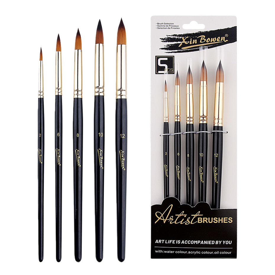 Cross-border nylon bristle 5-piece brush set, high-end black rod art supplies, student painting diy brushes, paints, pens, round peaks Item Picture