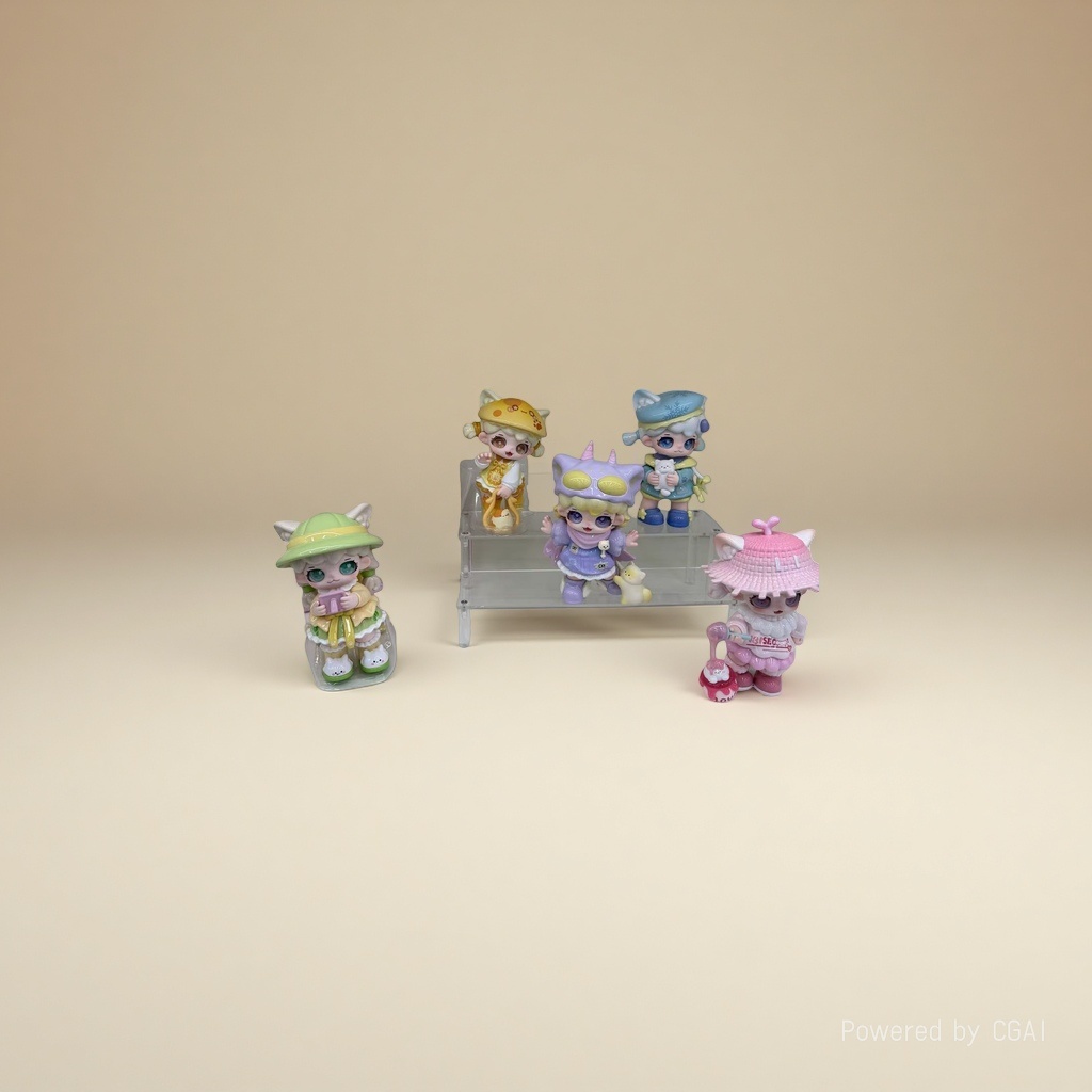 Five cartoon figurines of anthem in a pink packaging box with a transparent display stand