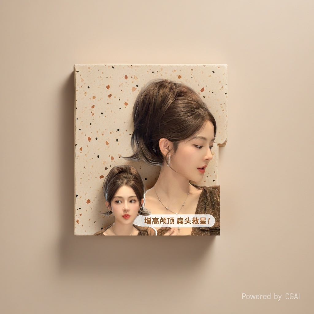 Brown slightly curly wig, ponytail, high ponytail hairstyle, amber flowing luster, heightening skull top extension details Picture