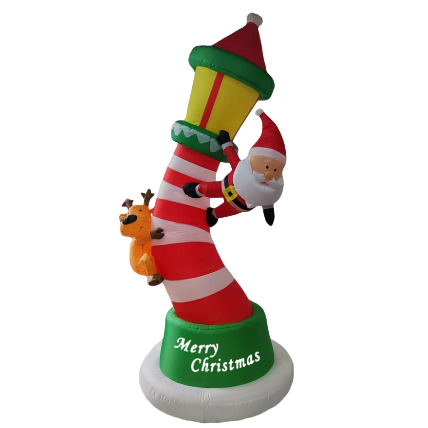 Red and white striped Christmas lighthouse inflatable decoration Santa Claus reindeer Christmas tree