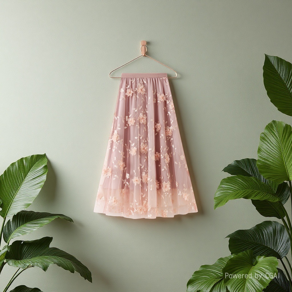 Mesh embroidery heavy industry half skirt, large size gauze skirt, Spring 2025 new A-line artistic high-waisted long skirt, pink details Picture
