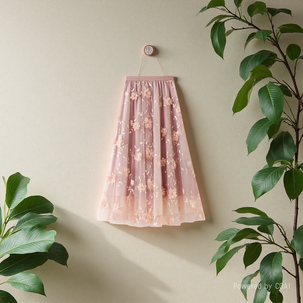 Mesh embroidery heavy industry half skirt, large size gauze skirt, Spring 2025 new A-line artistic high-waisted long skirt, pink