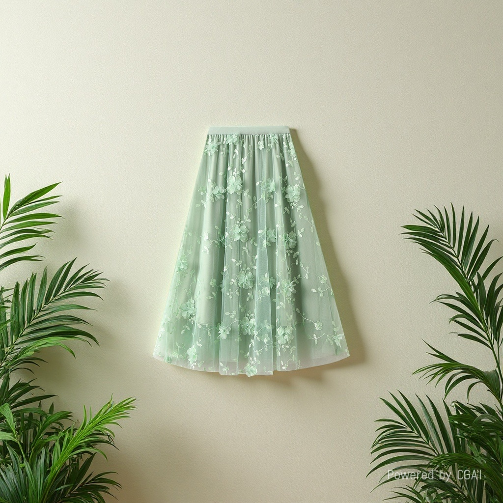 Mesh embroidery heavy industry half skirt, large size gauze skirt, Spring 2025 new A-line artistic high-waisted long skirt, blue Specification image