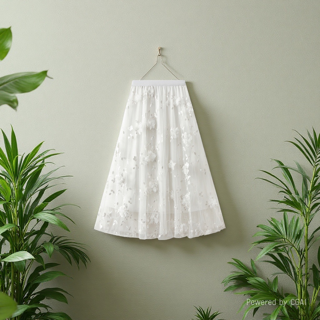 Mesh embroidery heavy industry half skirt, large size gauze skirt, Spring 2025 new A-line artistic high-waisted long skirt, white details Picture