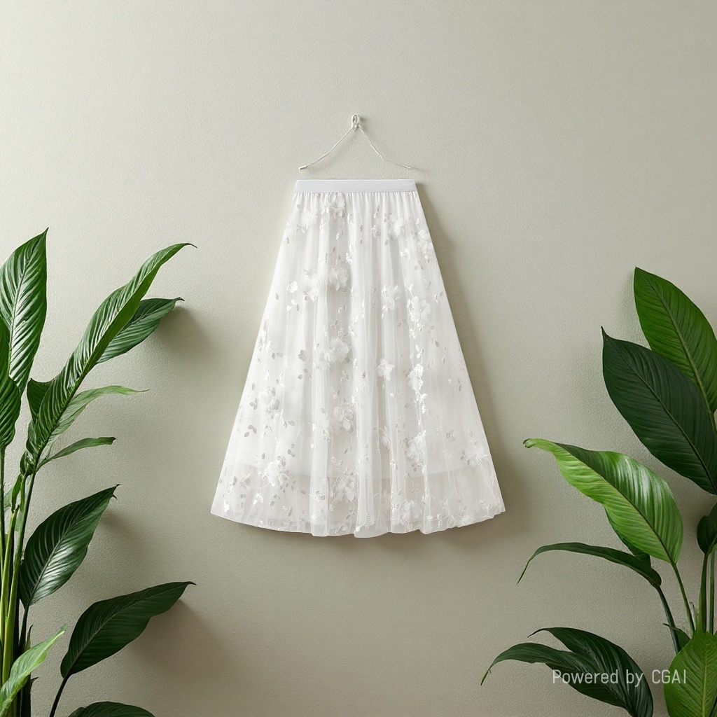 Mesh embroidery heavy industry half skirt, large size gauze skirt, Spring 2025 new A-line artistic high-waisted long skirt, white Application Scenario