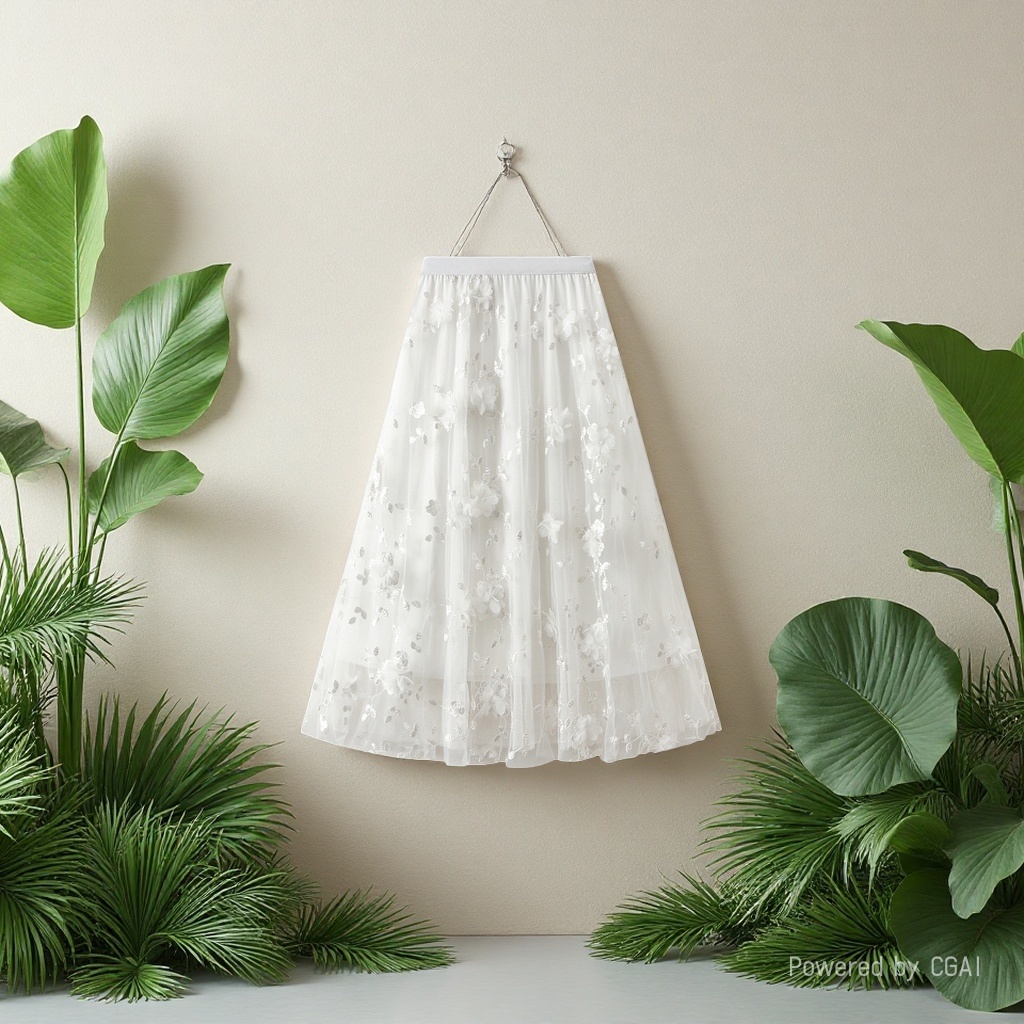 Mesh embroidery heavy industry half skirt, large size gauze skirt, Spring 2025 new A-line artistic high-waisted long skirt, white Specification image