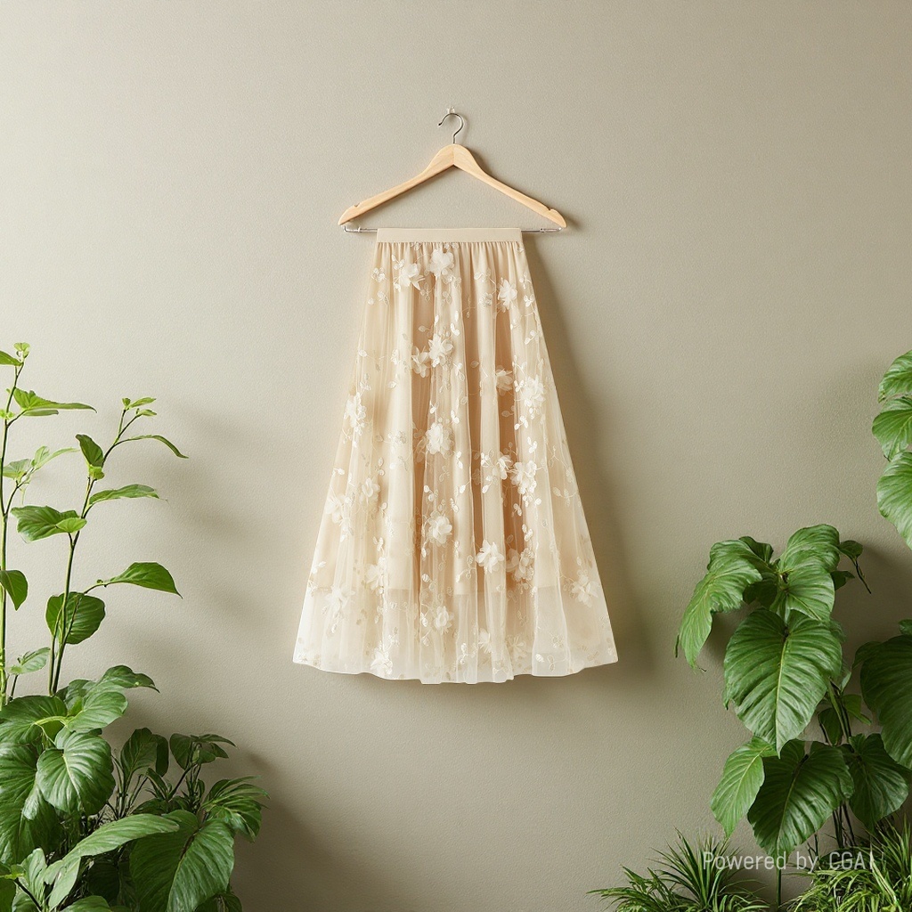 Mesh embroidery heavy industry half skirt, large size gauze skirt, Spring 2025 new A-line artistic high-waisted long skirt, beige Application Scenario