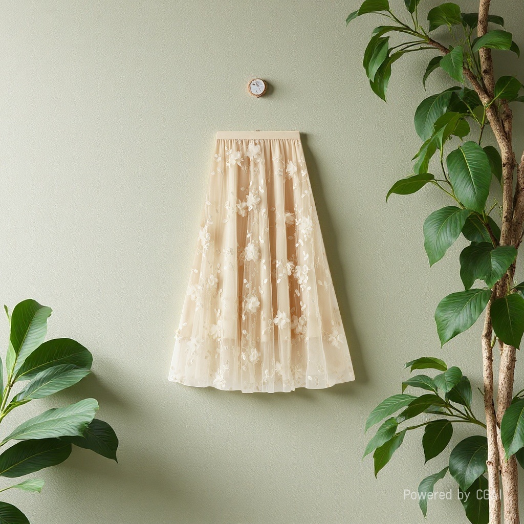 Mesh embroidery heavy industry half skirt, large size gauze skirt, Spring 2025 new A-line artistic high-waisted long skirt, beige