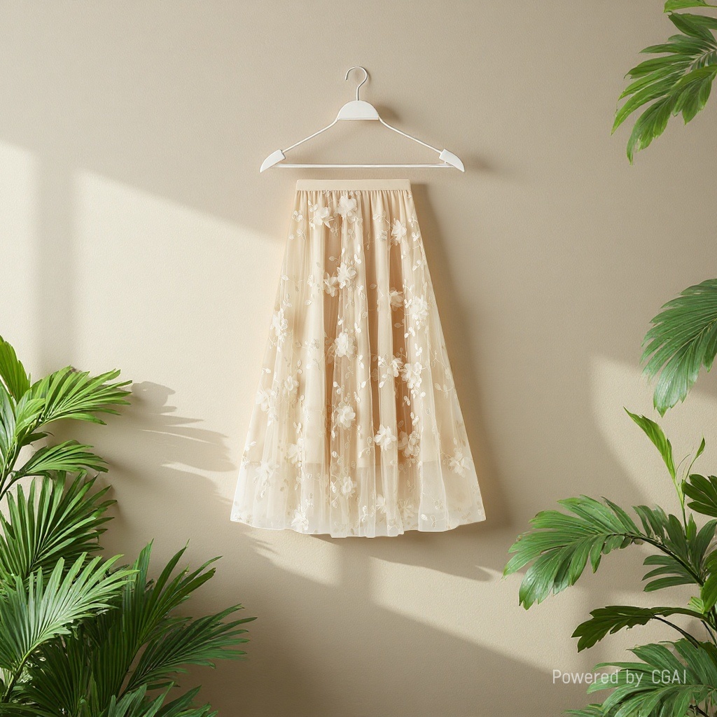 Mesh embroidery heavy industry half skirt, large size gauze skirt, Spring 2025 new A-line artistic high-waisted long skirt, beige details Picture
