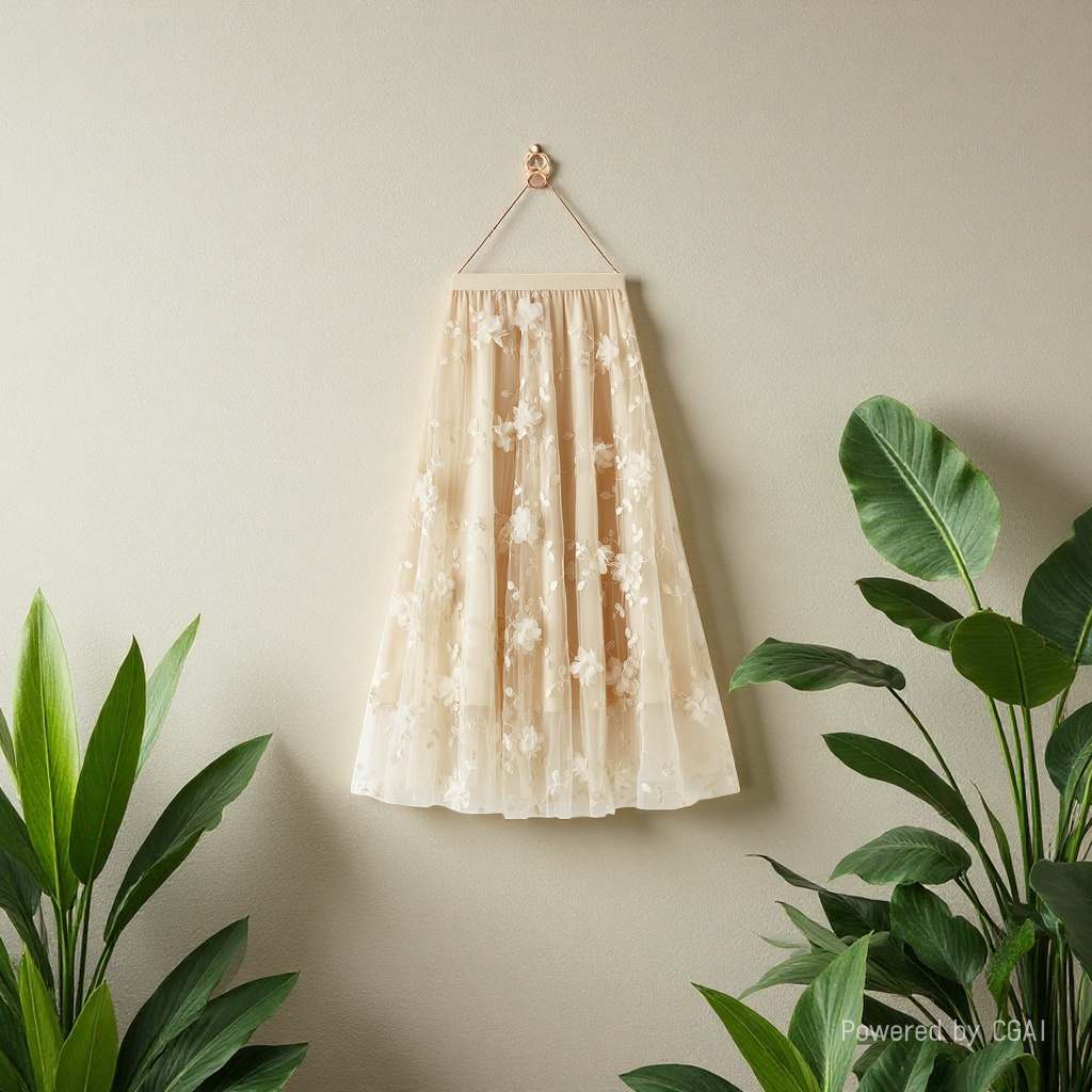 Mesh embroidery heavy industry half skirt, large size gauze skirt, Spring 2025 new A-line artistic high-waisted long skirt, beige Specification image