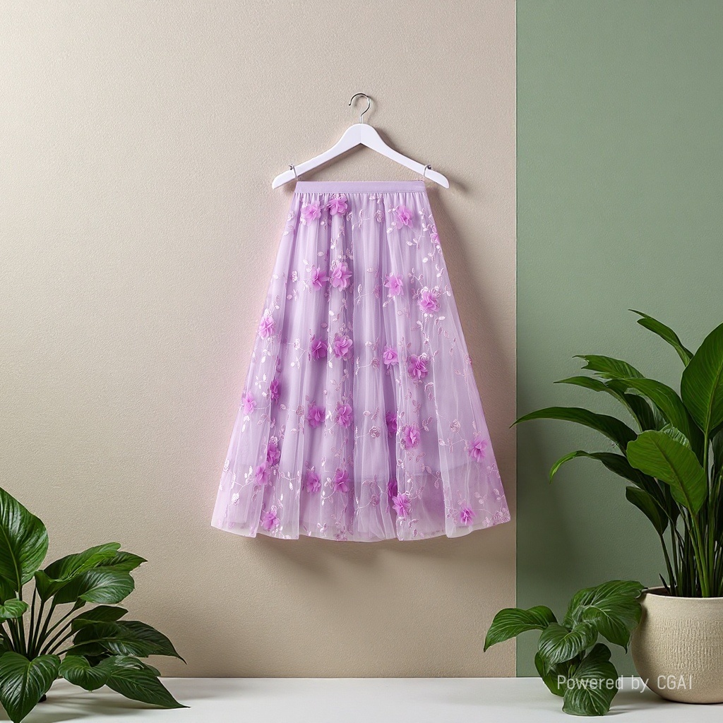 Mesh embroidery heavy industry half skirt, large size gauze skirt, Spring 2025 new A-line artistic high-waisted long skirt, purple 092601501 Specification image
