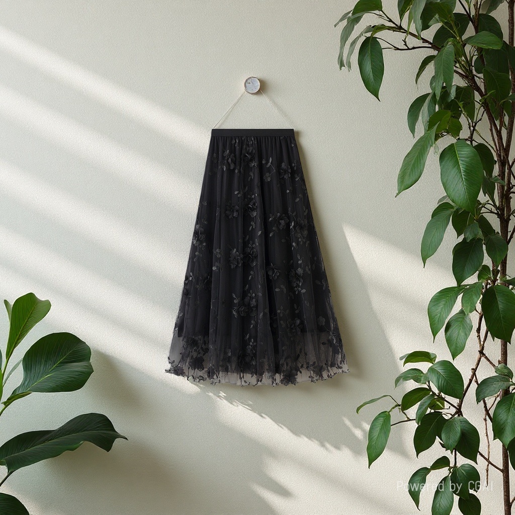 Mesh embroidery heavy industry half skirt, large size gauze skirt, Spring 2025 new A-line artistic high-waisted long skirt, black