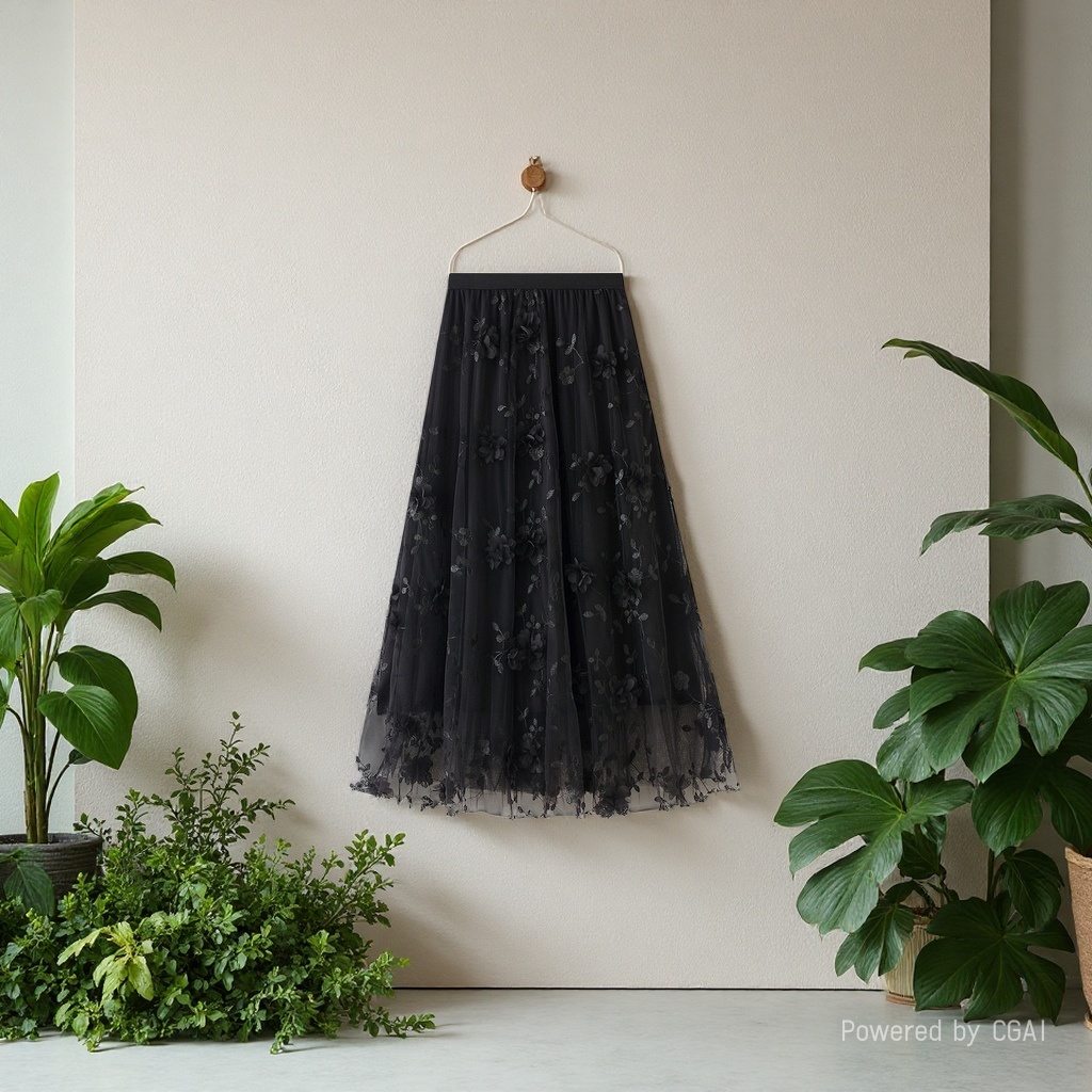 Mesh embroidery heavy industry half skirt, large size gauze skirt, Spring 2025 new A-line artistic high-waisted long skirt, black Application Scenario