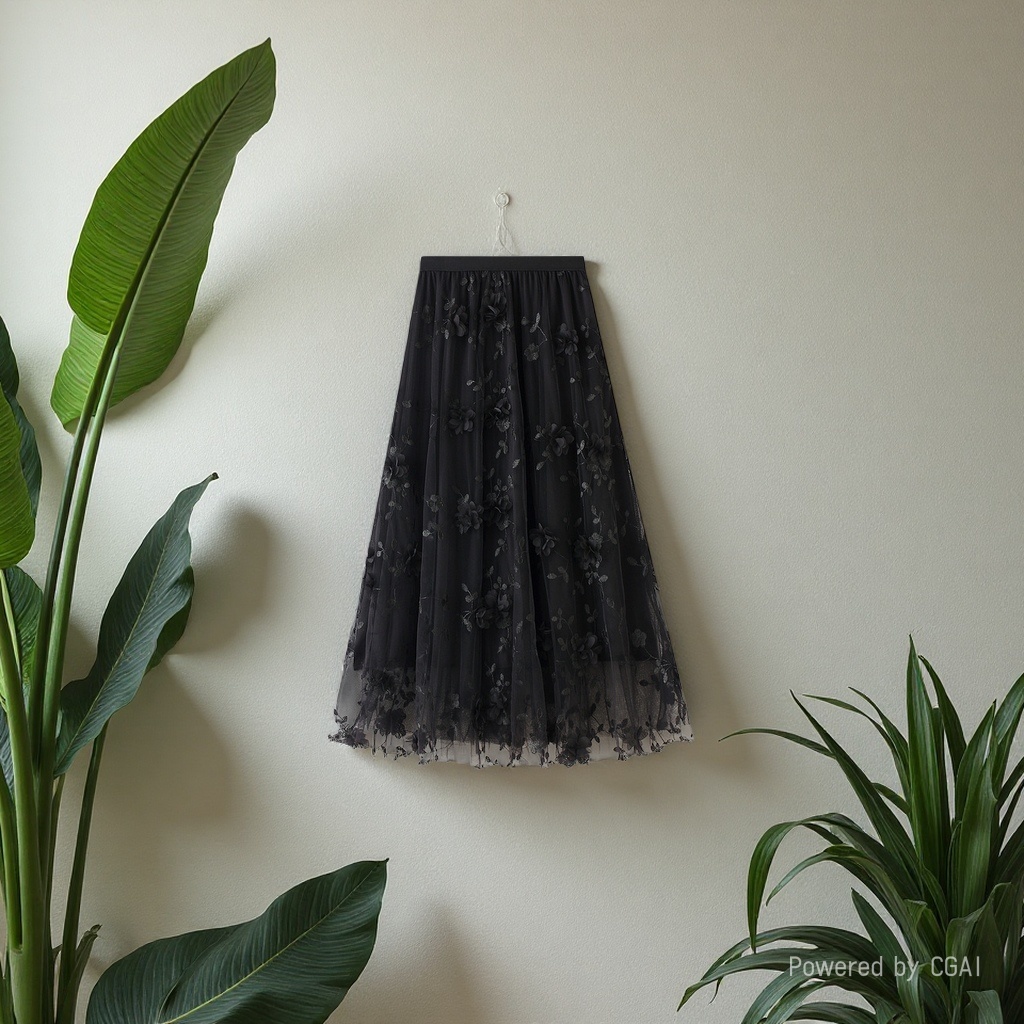 Mesh embroidery heavy industry half skirt, large size gauze skirt, Spring 2025 new A-line artistic high-waisted long skirt, black Specification image