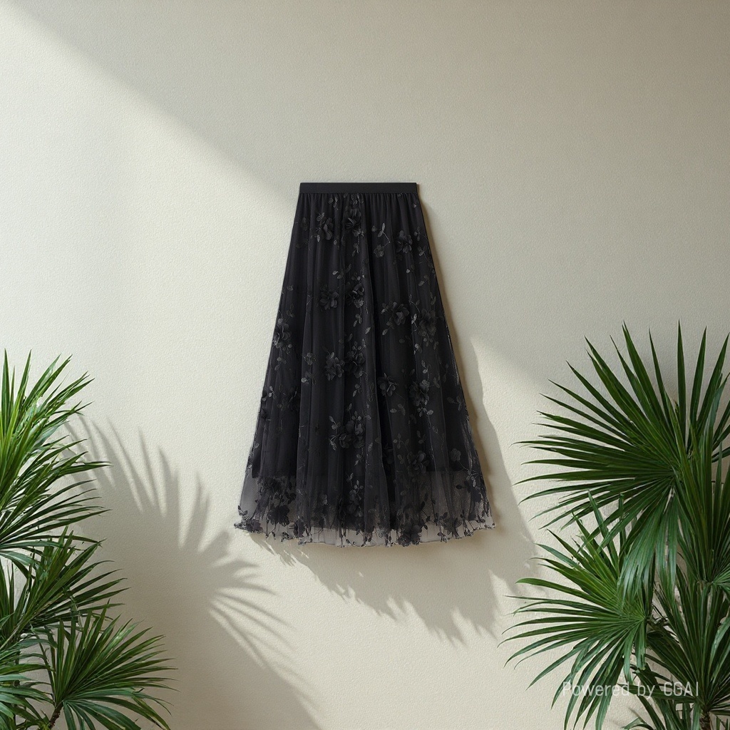Mesh embroidery heavy industry half skirt, large size gauze skirt, Spring 2025 new A-line artistic high-waisted long skirt, black details Picture