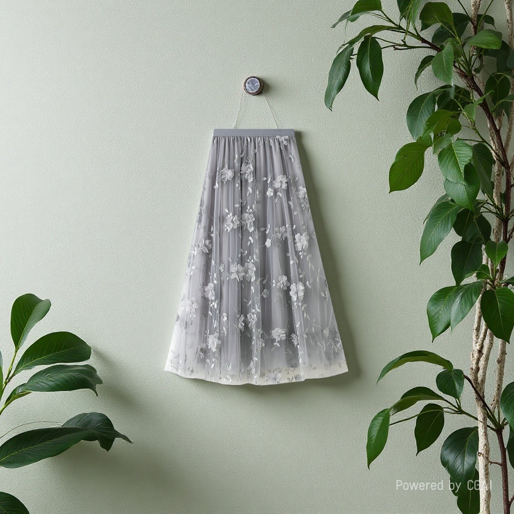 Mesh embroidery heavy industry half skirt, large size gauze skirt, Spring 2025 new A-line artistic high-waisted long skirt, grey details Picture