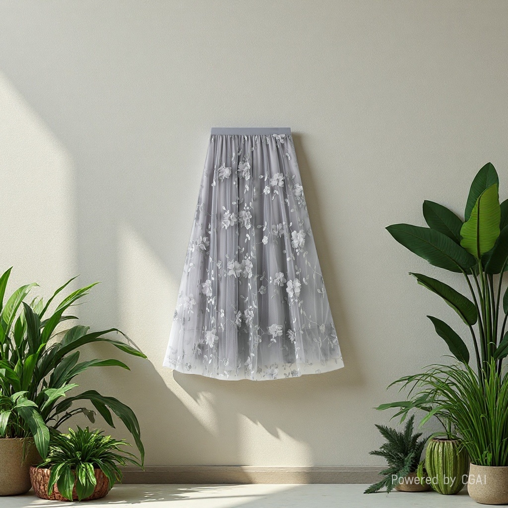 Mesh embroidery heavy industry half skirt, large size gauze skirt, Spring 2025 new A-line artistic high-waisted long skirt, grey Specification image