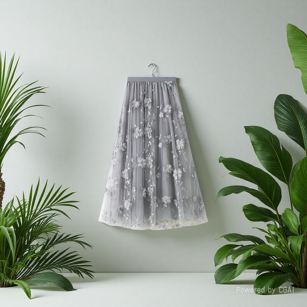 Mesh embroidery heavy industry half skirt, large size gauze skirt, Spring 2025 new A-line artistic high-waisted long skirt, grey