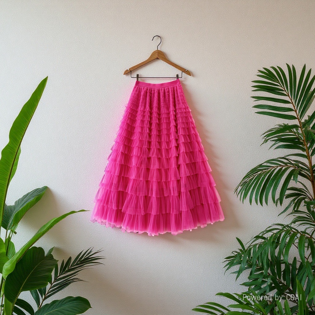 Summer 2026 new high-waisted layer cake skirt, mid-length pleated fairy gauze skirt, rose red details Picture