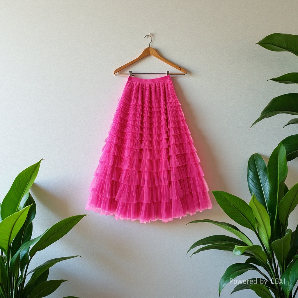 Summer 2026 new high-waisted layer cake skirt, mid-length pleated fairy gauze skirt, rose red