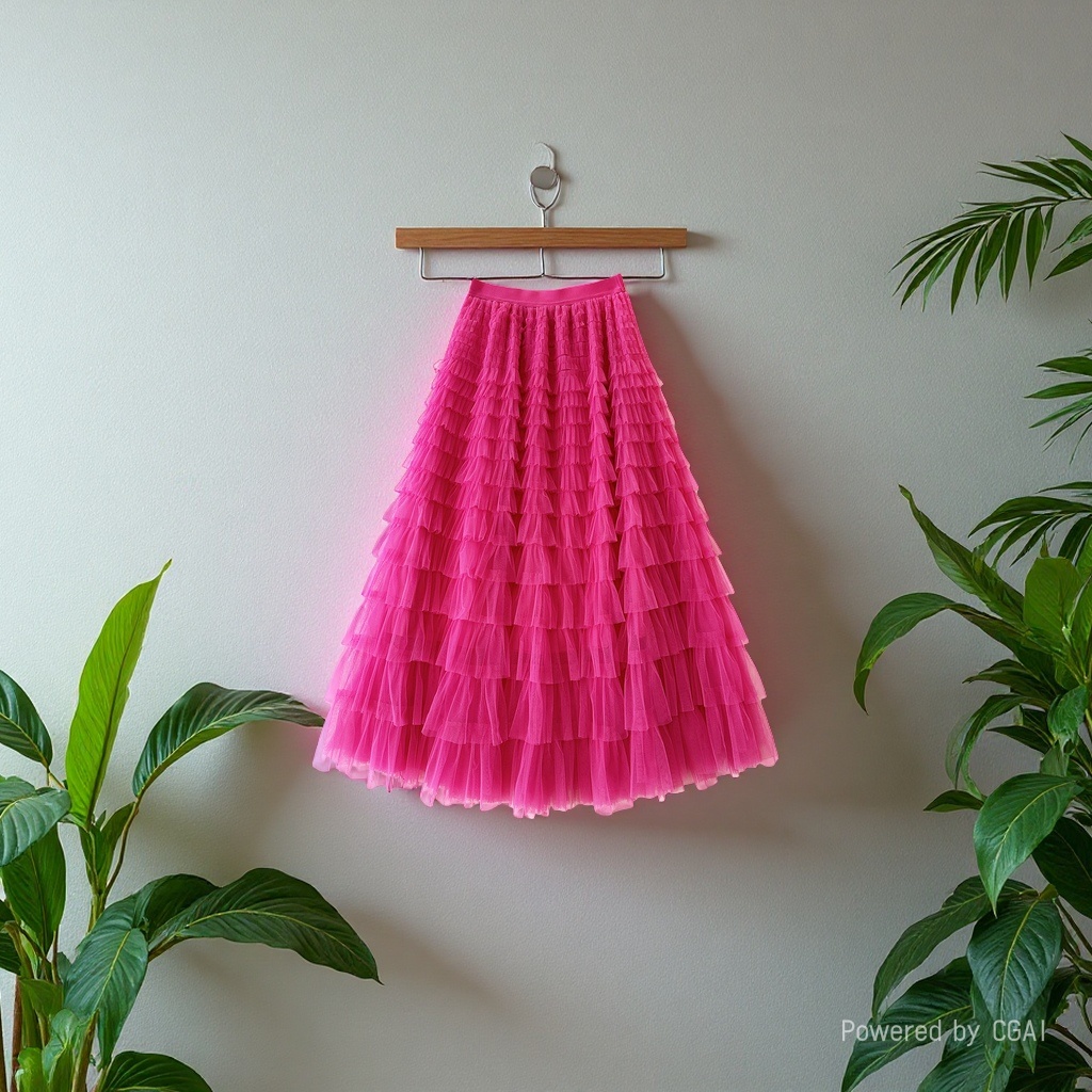 Summer 2026 new high-waisted layer cake skirt, mid-length pleated fairy gauze skirt, rose red Specification image