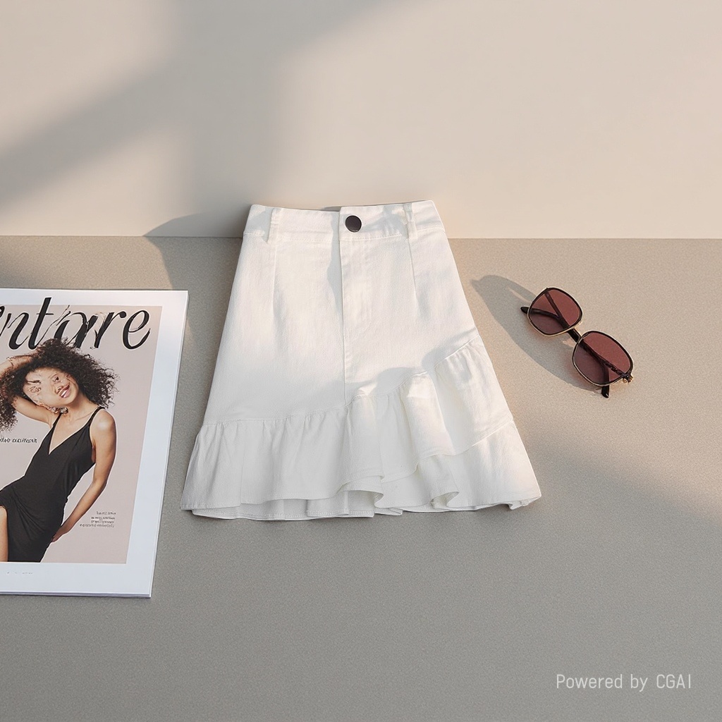 Spring/Summer 2026 new half-length skirt: white denim irregular ruffled A-line skirt, high-waisted short skirt for women to prevent exposure details Picture