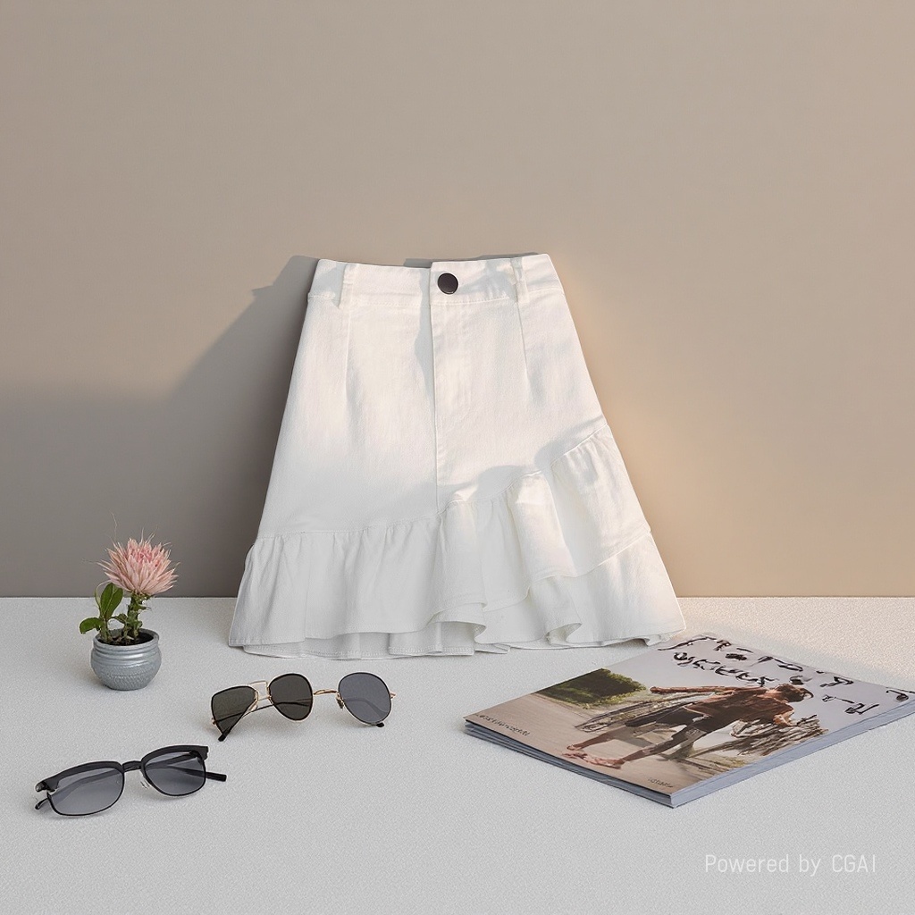 Spring/Summer 2026 new half-length skirt: white denim irregular ruffled A-line skirt, high-waisted short skirt for women to prevent exposure