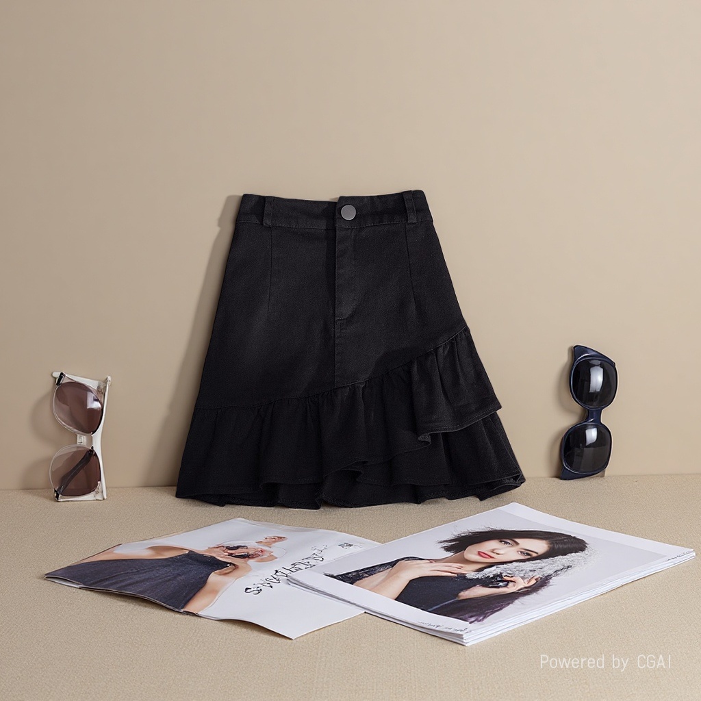Spring/Summer 2026 new half-length skirt: White denim irregular ruffled A-line skirt, high-waisted short skirt, women's anti-exposure 100320694