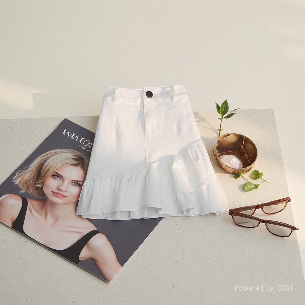 Spring/Summer 2026 new half-length skirt: White denim irregular ruffled A-line skirt, high-waisted short skirt, women's anti-exposure 100320694 Specification image
