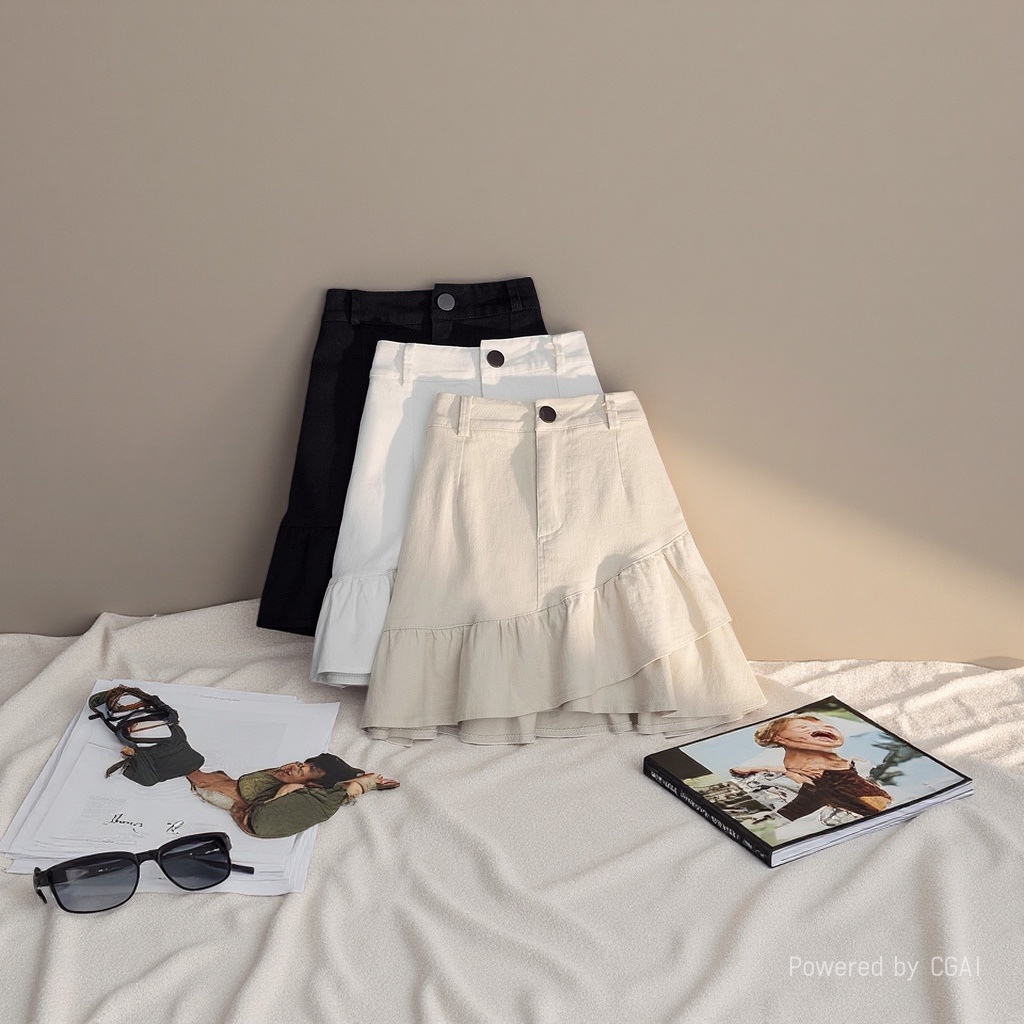 Spring/Summer 2026 new half-length skirt: White denim irregular ruffled A-line skirt, high-waisted short skirt, women's anti-exposure 100320694 Application Scenario