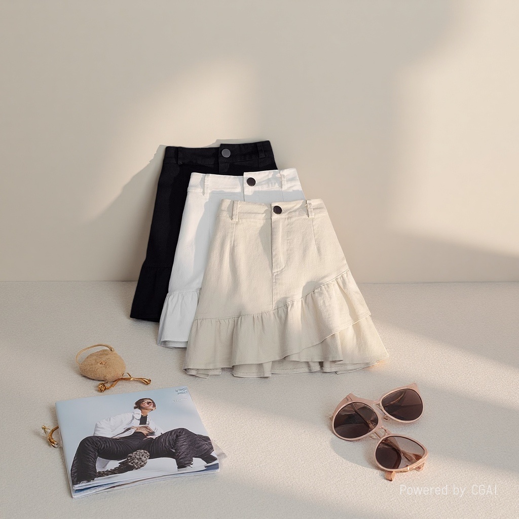 2026 Spring/Summer New half-length skirt: White denim irregular ruffled A-line skirt, high-waisted short skirt, women's anti-glare 100350962