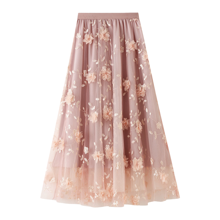 Mesh embroidery heavy industry half skirt, large size gauze skirt, Spring 2025 new A-line artistic high-waisted long skirt, pink Item Picture