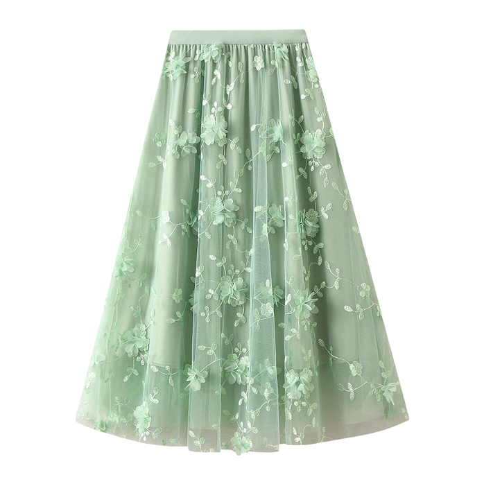 Mesh embroidery heavy industry half skirt, large size gauze skirt, Spring 2025 new A-line artistic high-waisted long skirt, blue Item Picture