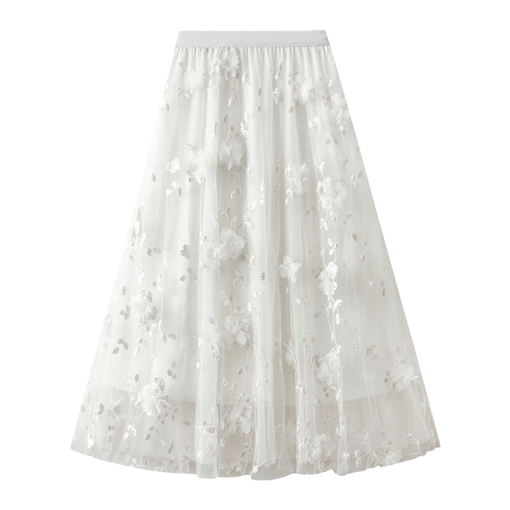 Mesh embroidery heavy industry half skirt, large size gauze skirt, Spring 2025 new A-line artistic high-waisted long skirt, white Item Picture