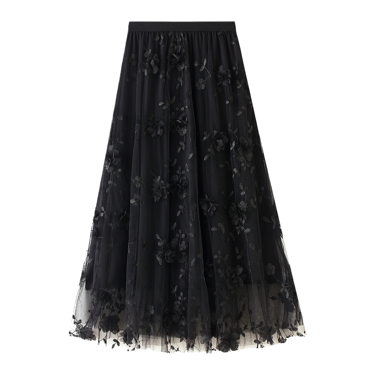 Mesh embroidery heavy industry half skirt, large size gauze skirt, Spring 2025 new A-line artistic high-waisted long skirt, black Item Picture