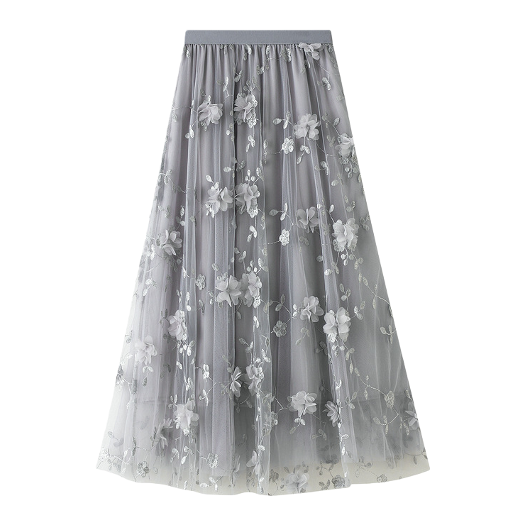 Mesh embroidery heavy industry half skirt, large size gauze skirt, Spring 2025 new A-line artistic high-waisted long skirt, grey Item Picture