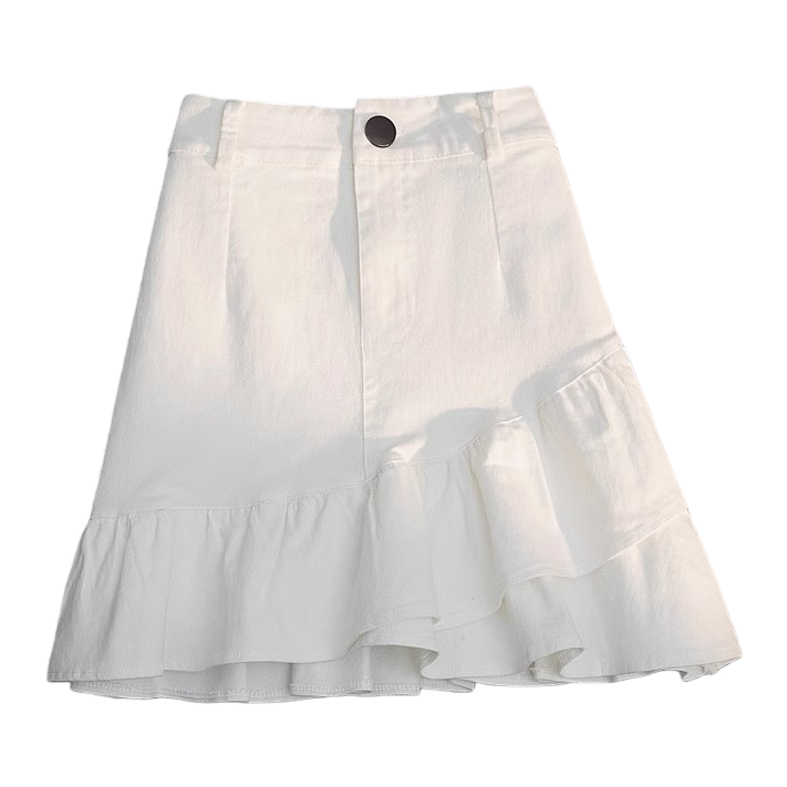 Spring/Summer 2026 new half-length skirt: white denim irregular ruffled A-line skirt, high-waisted short skirt for women to prevent exposure Item Picture