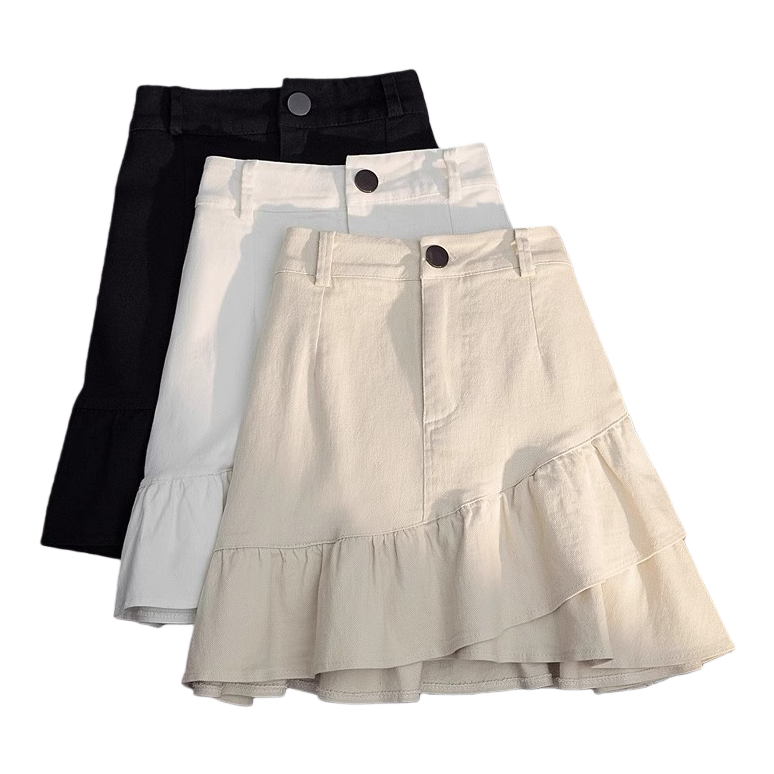 2026 Spring/Summer New half-length skirt: White denim irregular ruffled A-line skirt, high-waisted short skirt, women's anti-glare 100350962 Item Picture