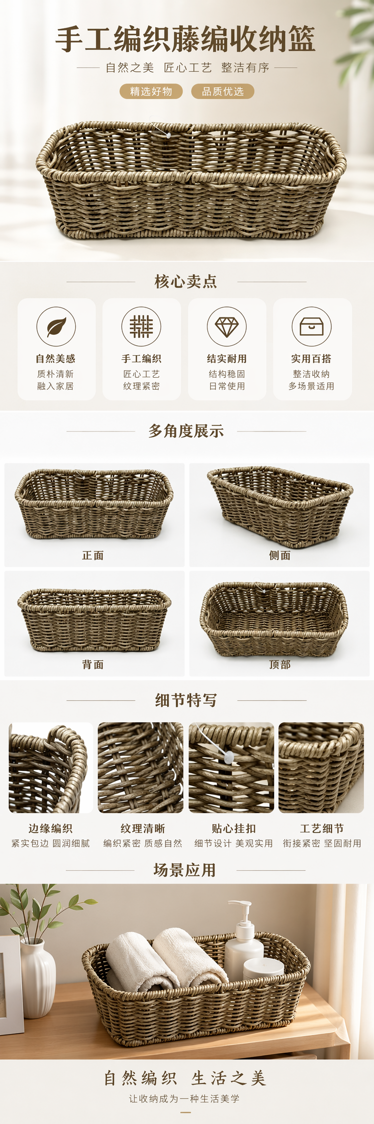 仿藤编织直身长方盆水果面包篮家居多功能收纳篮零食糖果篮商超礼品包装篮伴手礼品篮厨房酱料收纳篮洗手间纸巾收纳篮详情1