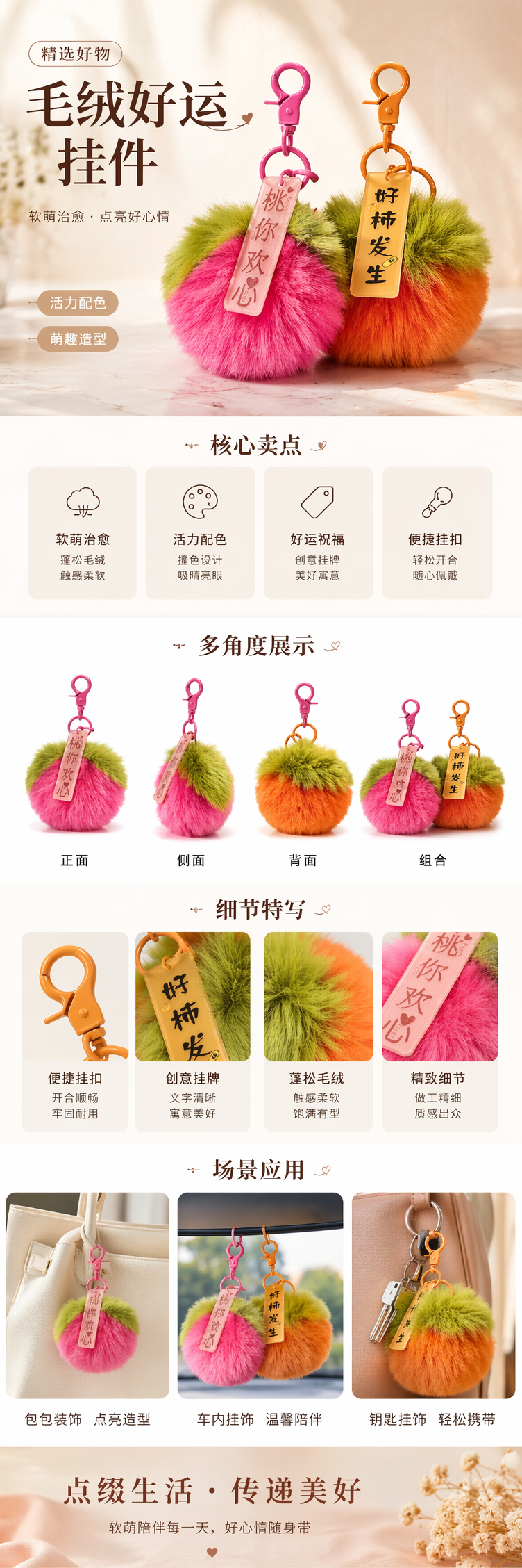 彩色毛绒桃子公仔挂件 Kitty钥匙扣 毛绒玩具挂件详情1