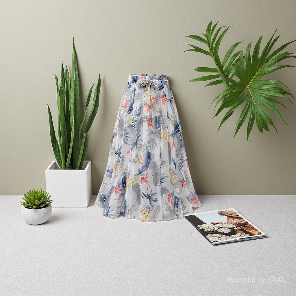 Summer thin mid-length dress for children, high-waisted chiffon skirt, 200 pounds, floral A-line large swing skirt, elastic waist