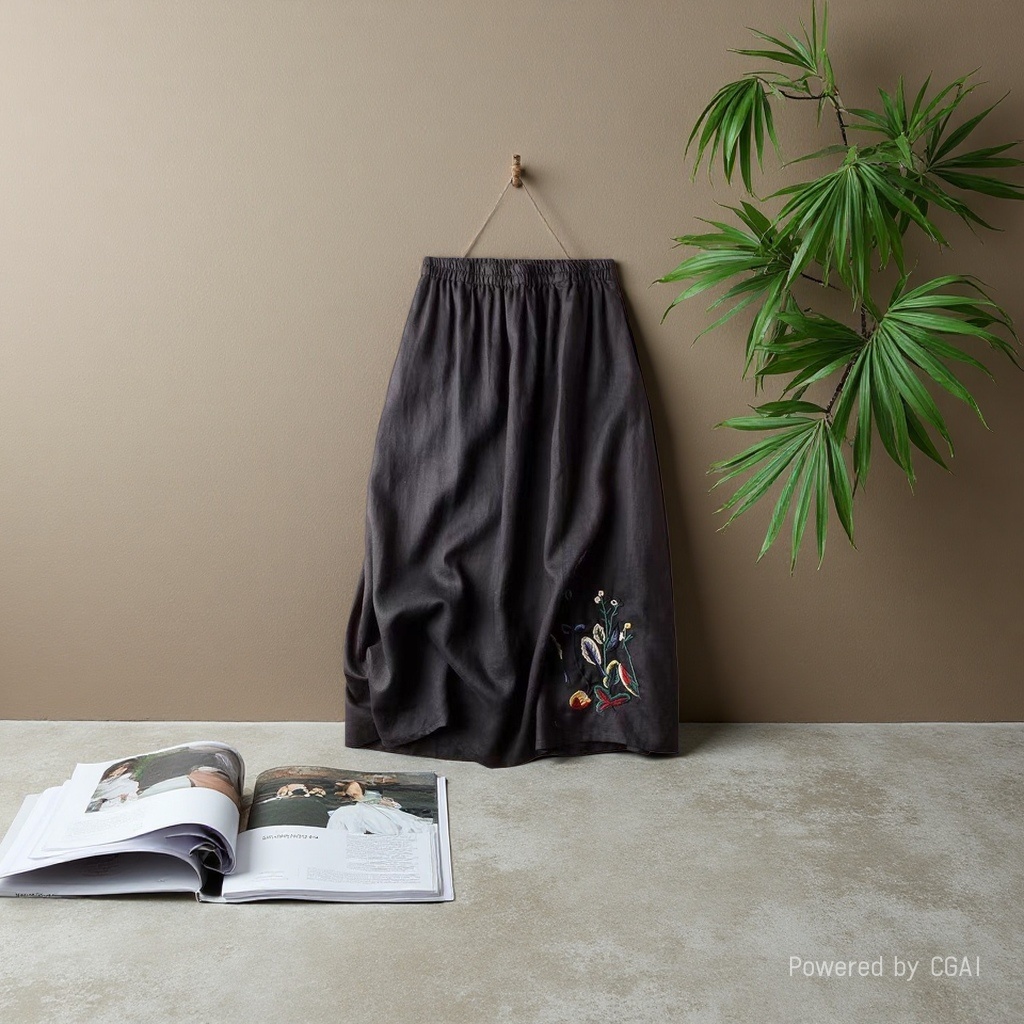 Pure linen skirt for summer retro women 2024 new embroidered solid color wide-hem skirt, versatile and slimming mid-length women's skirt