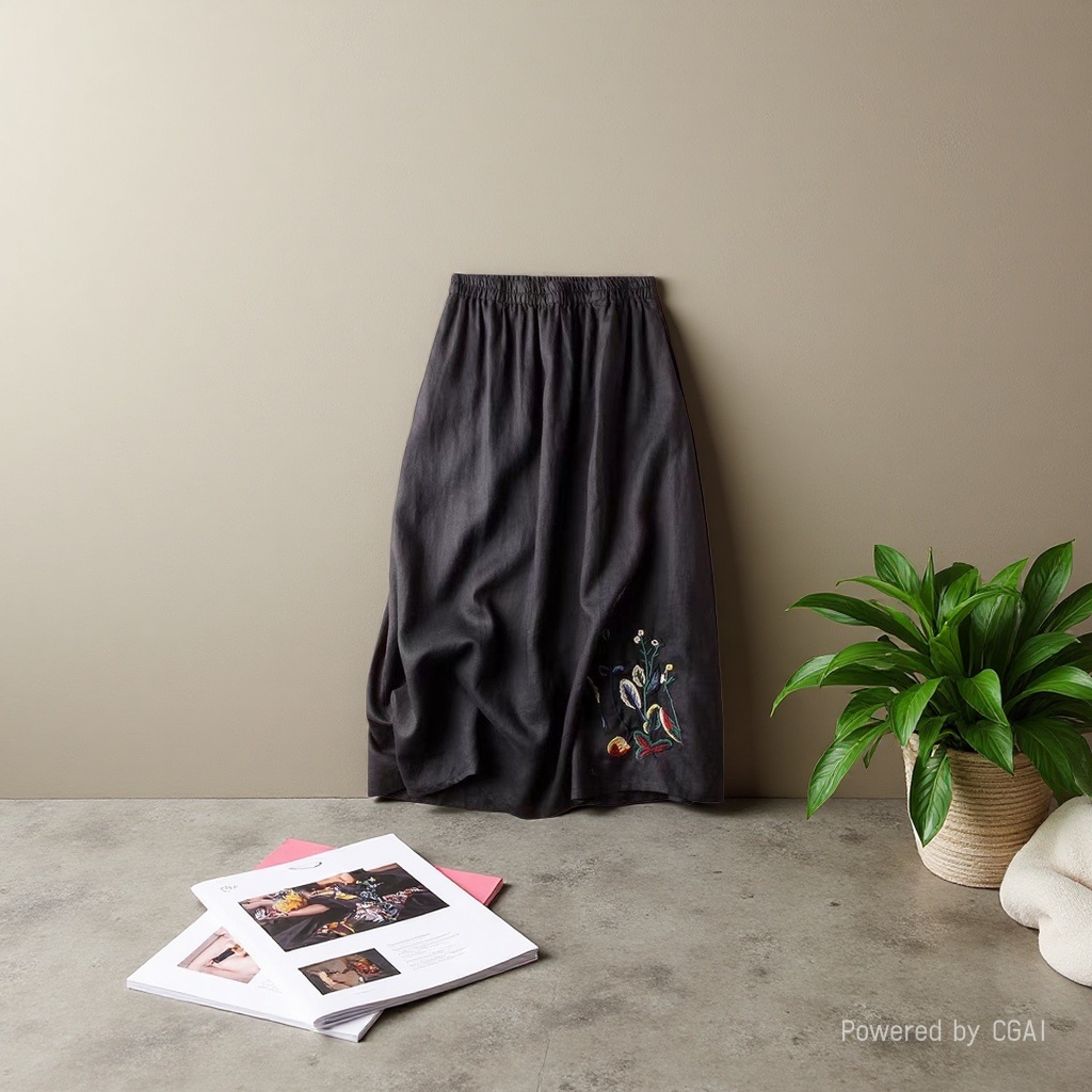 Pure linen skirt for summer retro women 2024 new embroidered solid color wide-hem skirt, versatile and slimming mid-length women's skirt Specification image