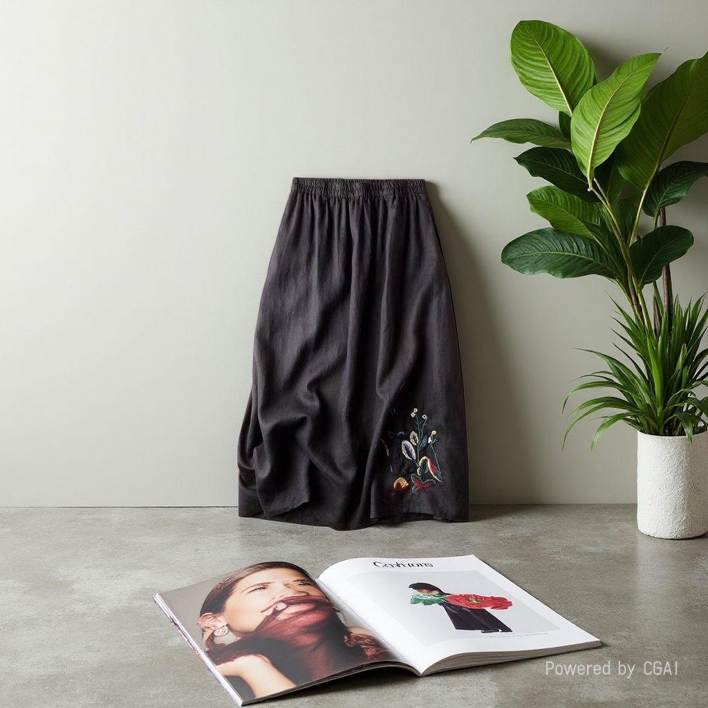 Pure linen skirt for summer retro women 2024 new embroidered solid color wide-hem skirt, versatile and slimming mid-length women's skirt details Picture