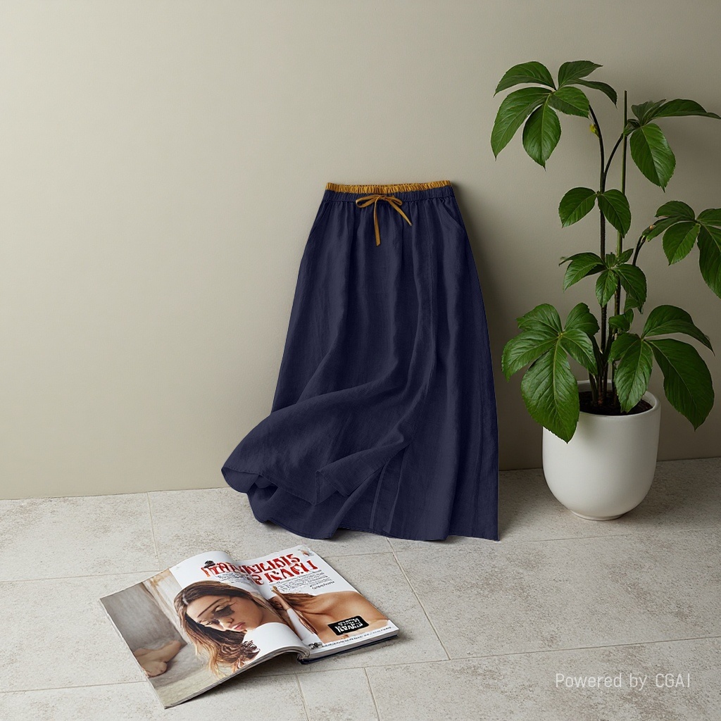 Real photo of artistic embroidery patchwork dress, elastic waist, color-matched A-line dress for women, retro linen loose mid-length skirt Specification image